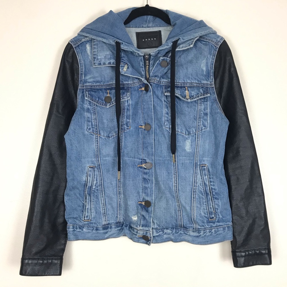 BlankNYC Black Vegan Leather Jean Hoodie Jacket L